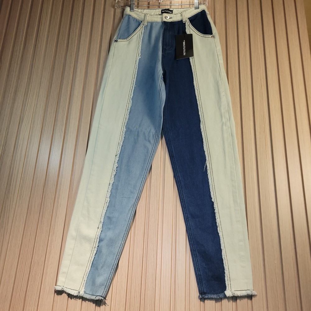 PrettyLittleThing Patchwork Mom Jeans Women Size 2 Blue Cream NWT Frayed Seam